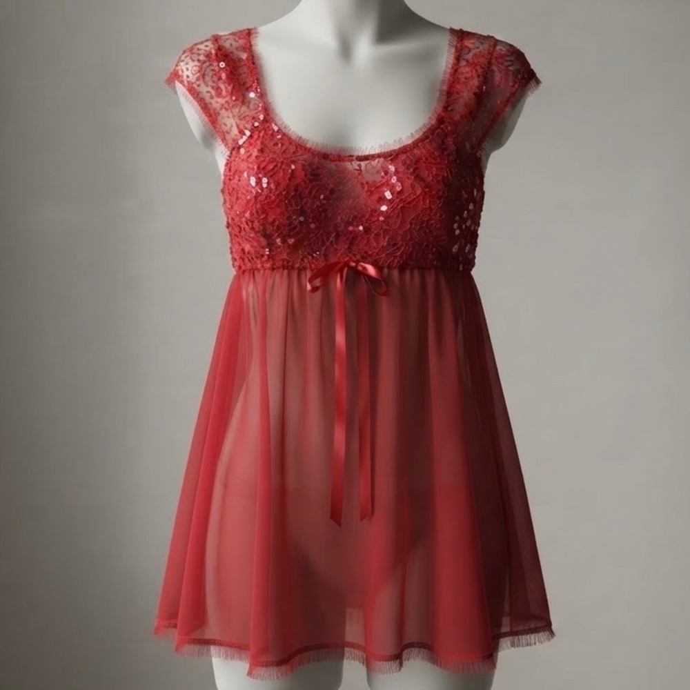 Ambrielle Vintage 90s Babydoll Top Red Sequin Mesh Ruffle Cap Sleeve XL